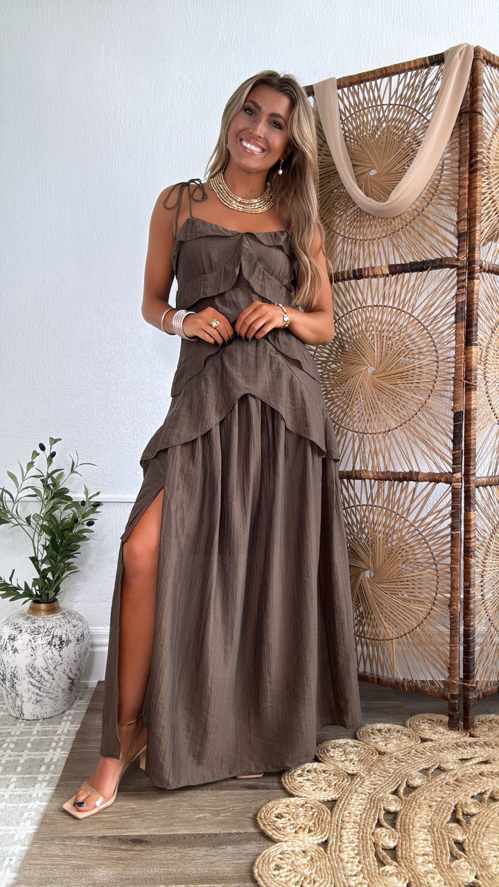 Mocha Rose Ruffled Dress, Chocolate Brown
