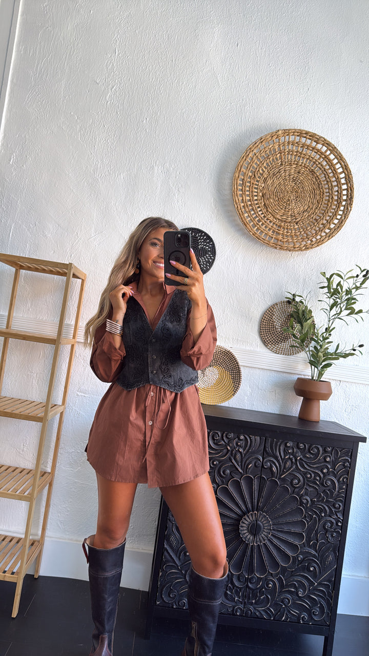 Martini Hour Button Down Romper Dress, Brown