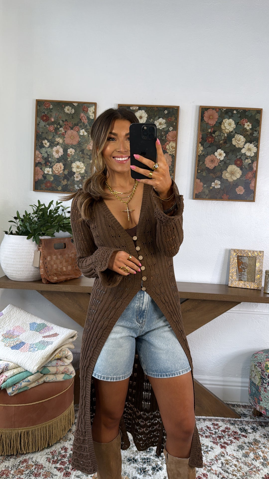 Rustic Rose Knit Long Cardigan, Mocha
