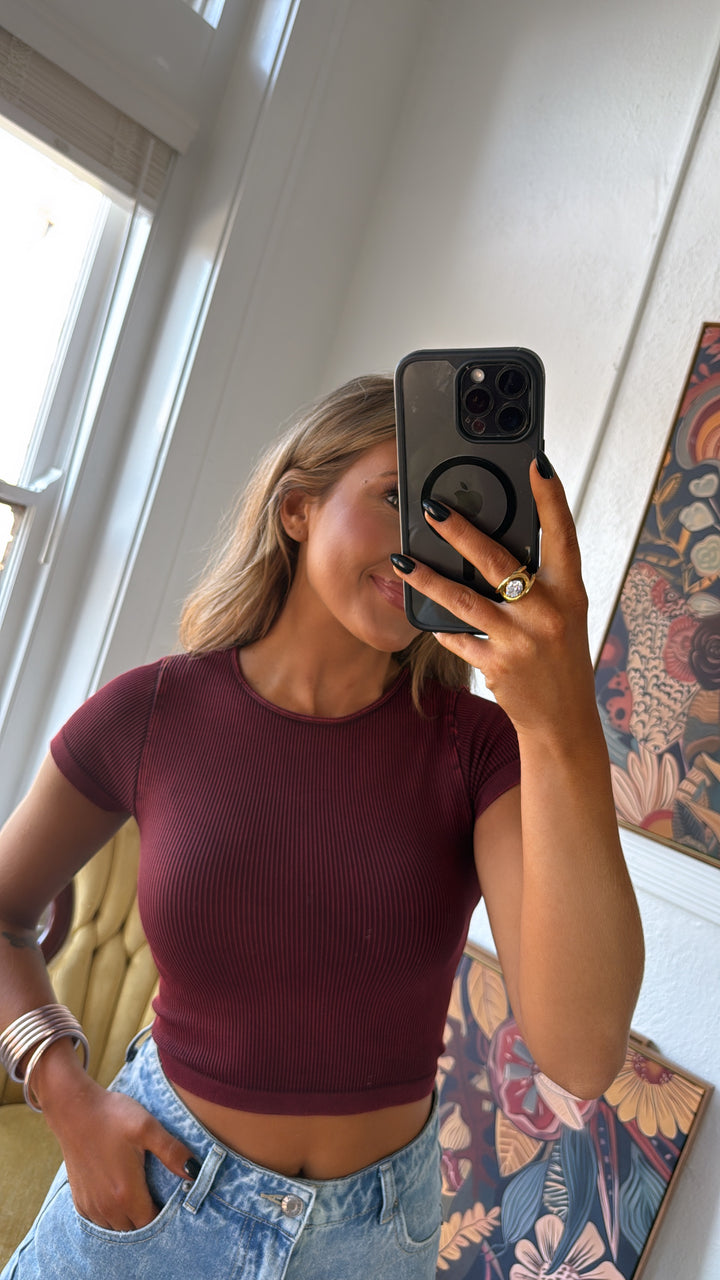 Ribbed Crop Baby Tee, Wine