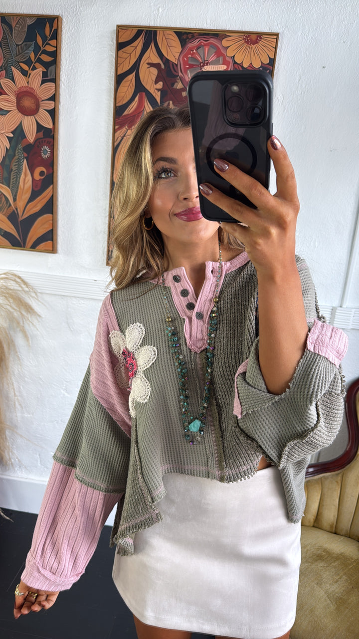 Sweet Impression Patchwork Long Sleeve Top, Olive Multi