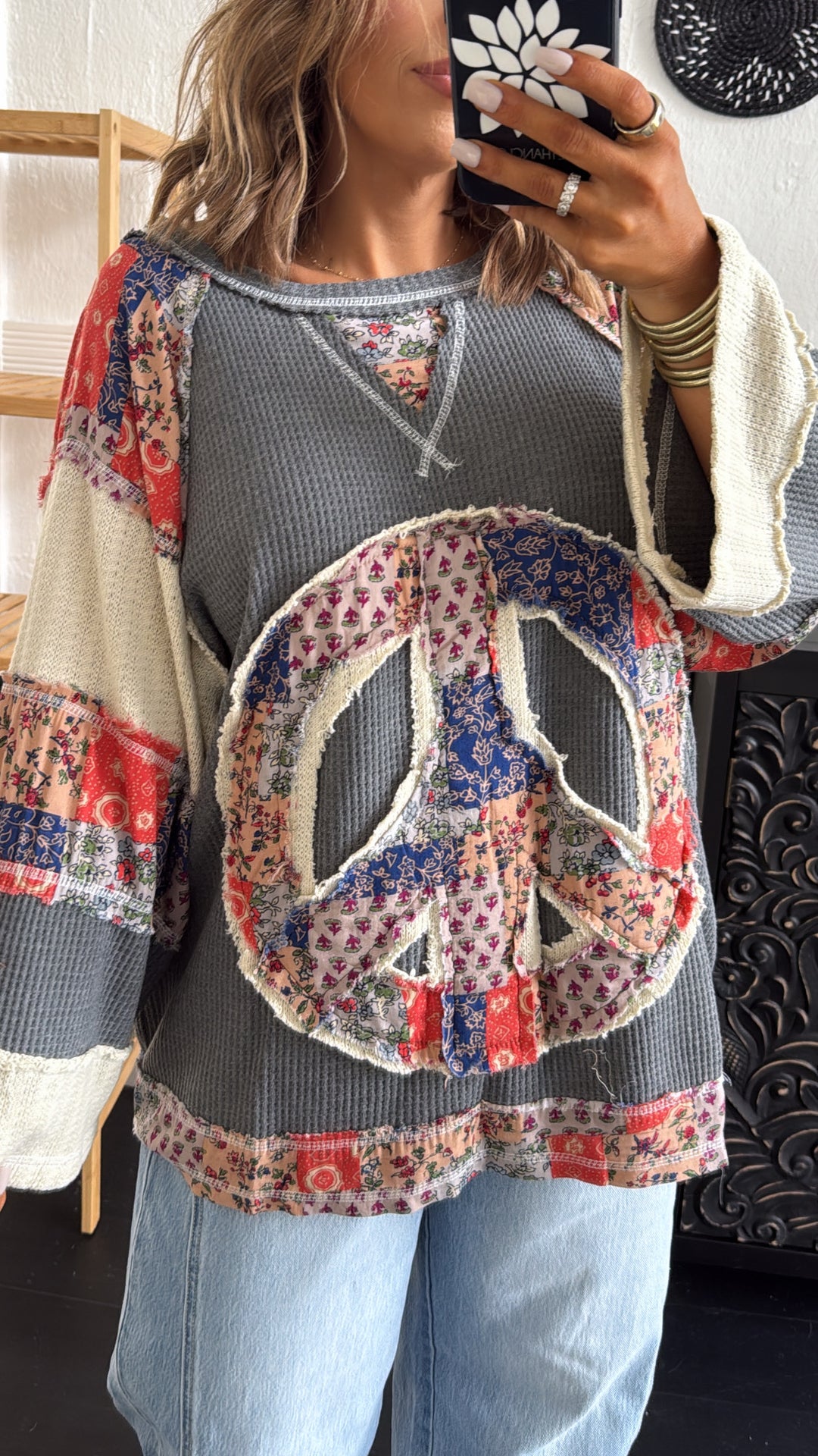 Patched Peace Top, Charcoal