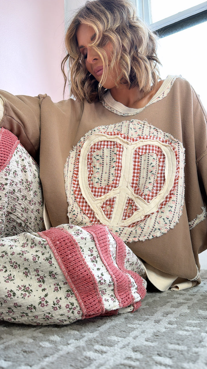 Heart In Peace Patchwork Top, Mocha
