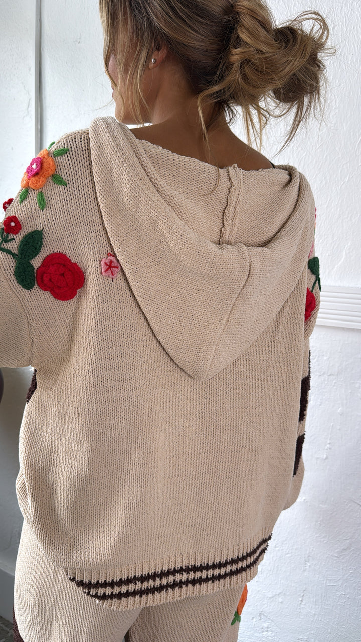 Striped Floral Detail Zip Up Sweater, Mocha Multi