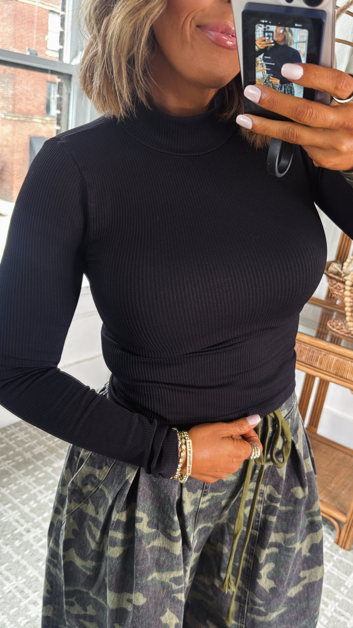 Mock Neck Ribbed Long Sleeve Top, Black