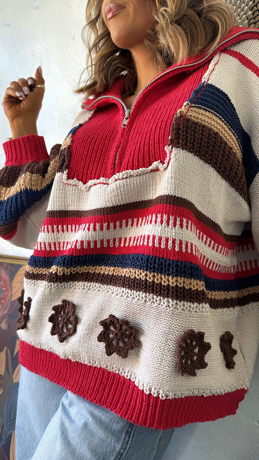 The Cabin Half Zip, Sand/Red Multi