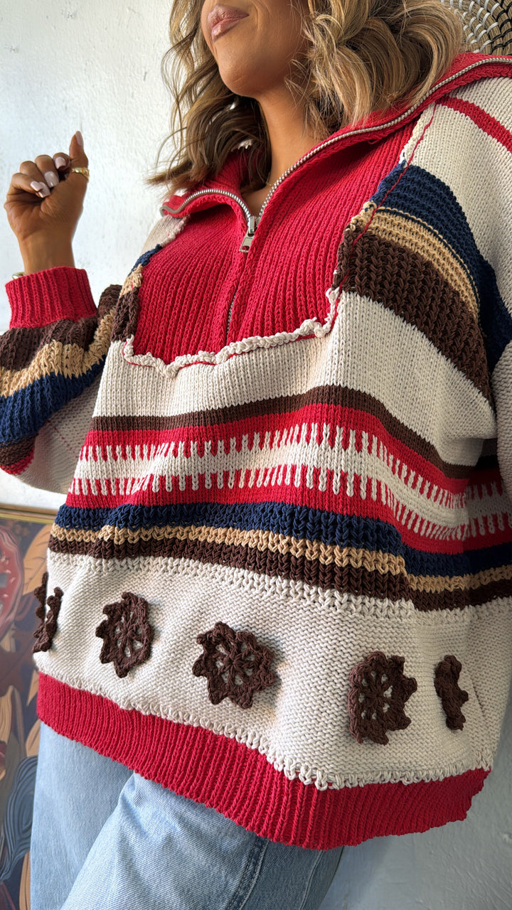 The Cabin Half Zip, Sand/Red Multi