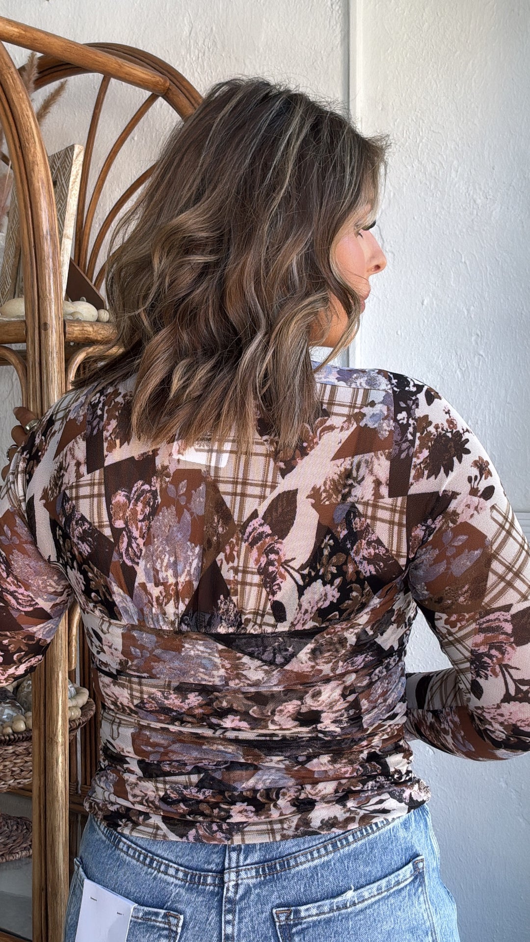 Faded Flora Mesh Top, Cream/Brown