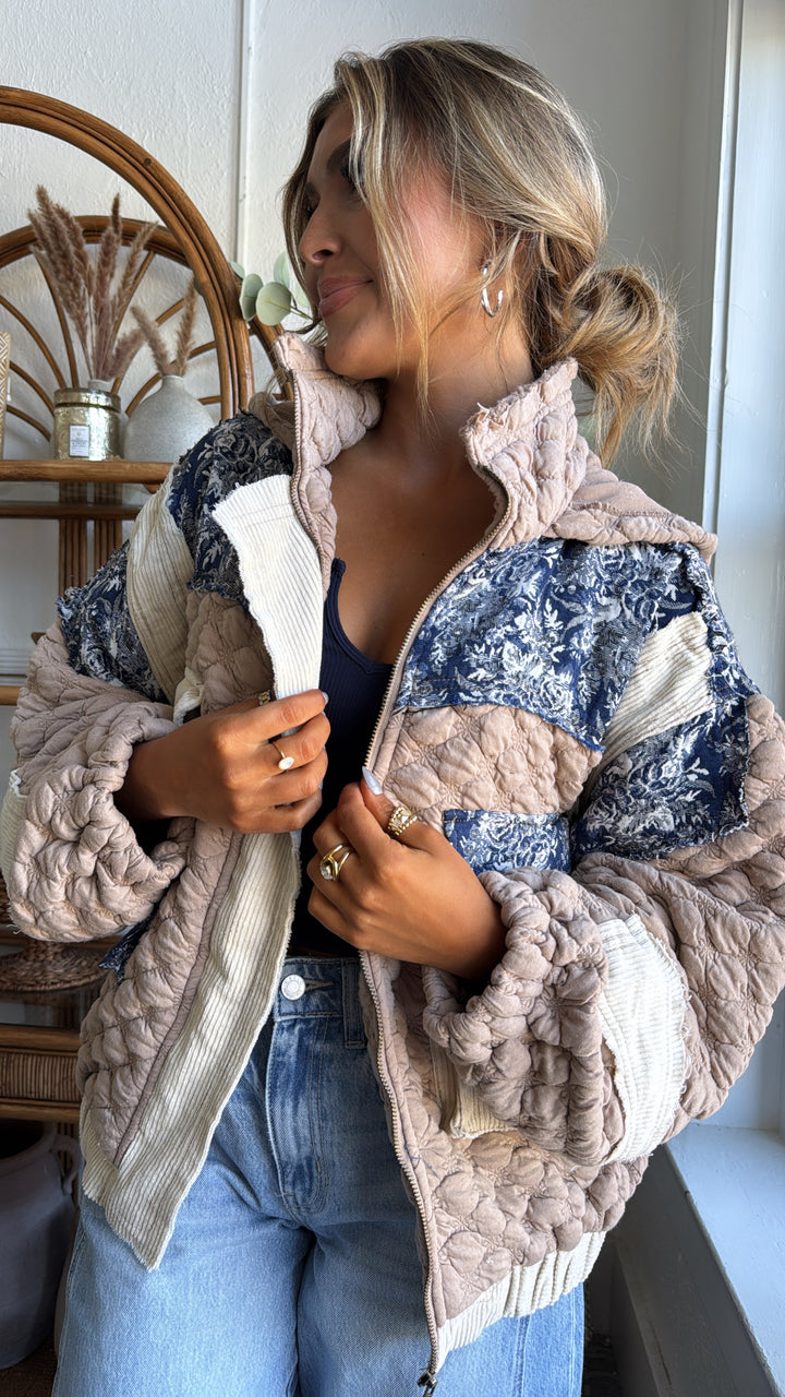 Now Trending Oversized Contrast Quilted Jacket, Tan/Denim Blue