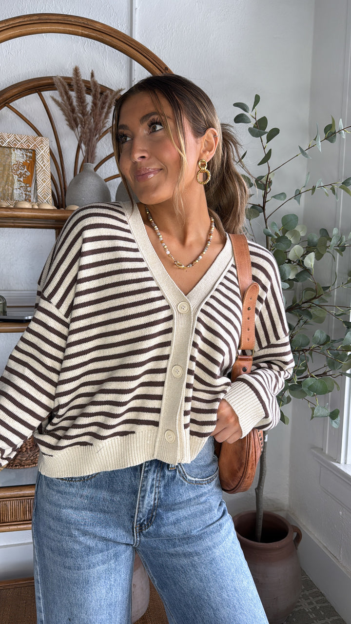 Cocoa Drizzle Striped Cardigan, Brown