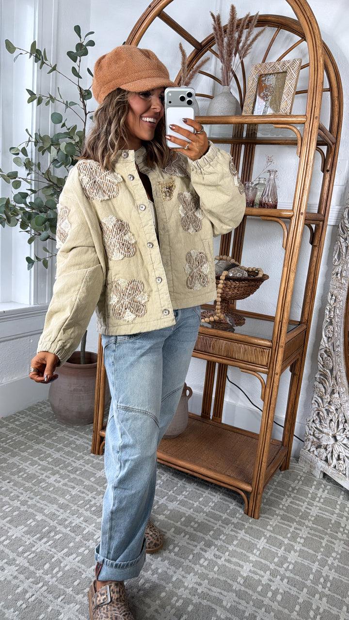 Wilted Flower Quilted Jacket, Taupe Beige