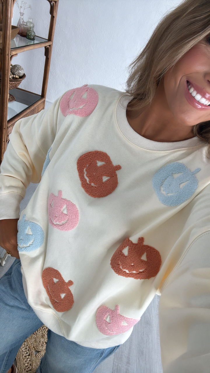 Oversized Pumpkin Embroidered Sweater, Ivory