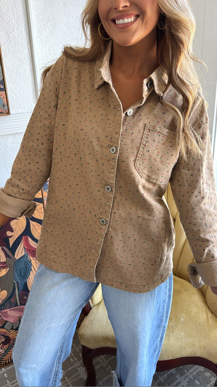 Pretty Petals Floral Print Denim Jacket, Mocha