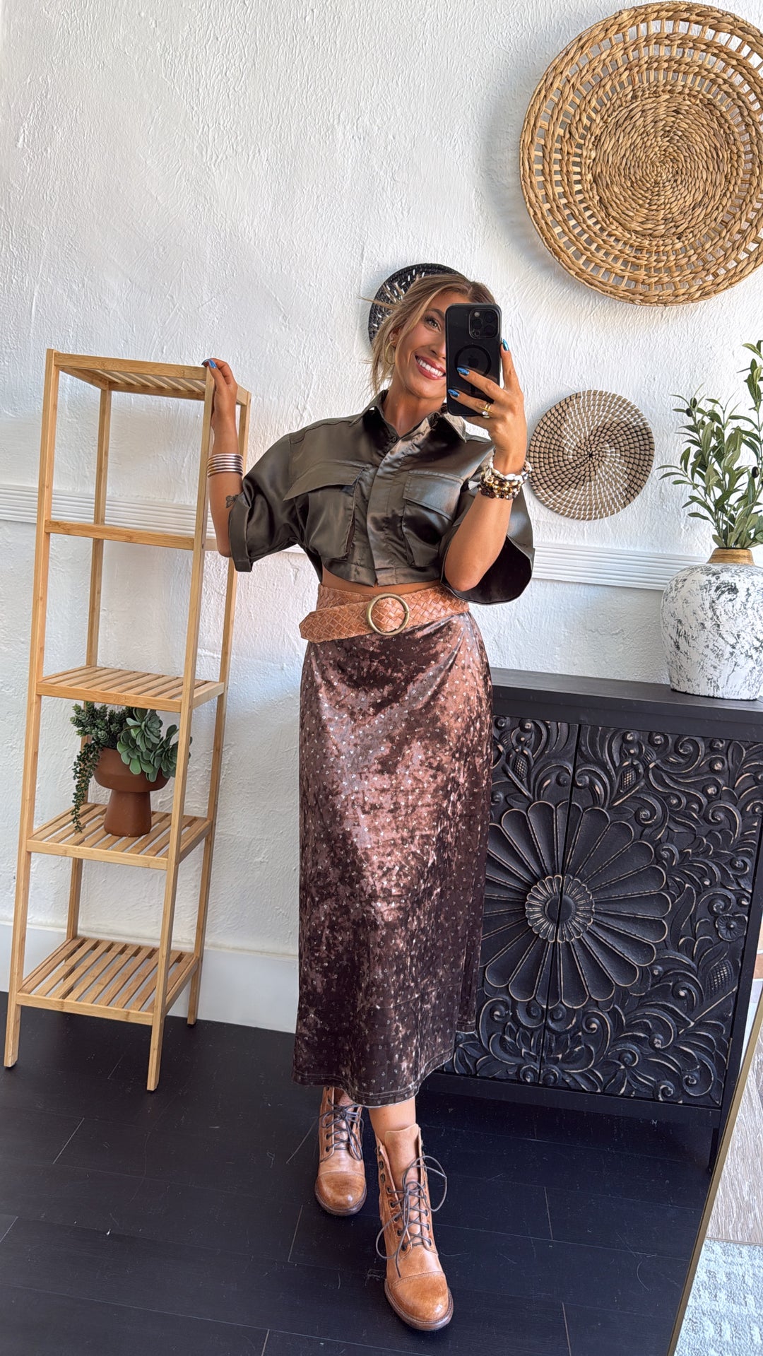Toasted Fig Velvet Midi Skirt, Brown