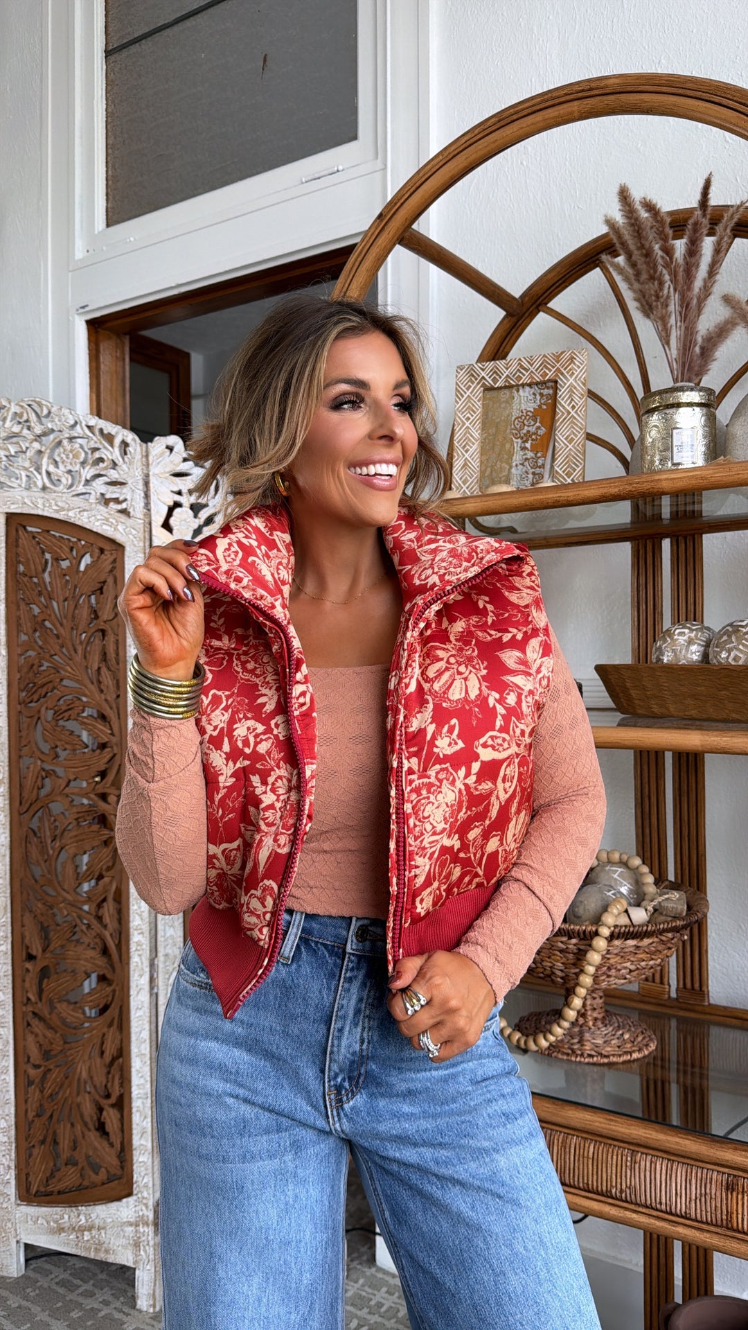 Vintage Marble Floral Printed  Puffer Vest