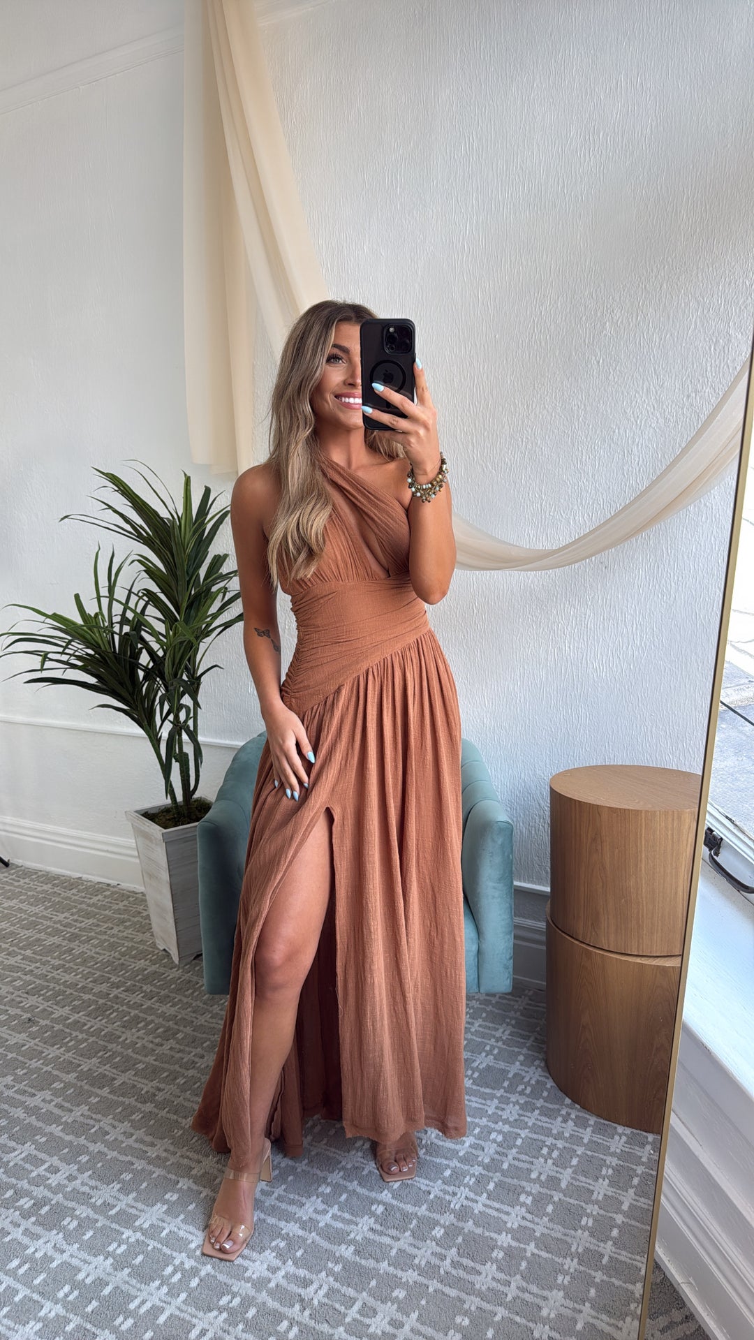 Wildflower Toga One Shoulder Dress, Toffee Everyday Chic Boutique Wildflower Toga One Shoulder Dress, Toffee Everyday Chic Boutique