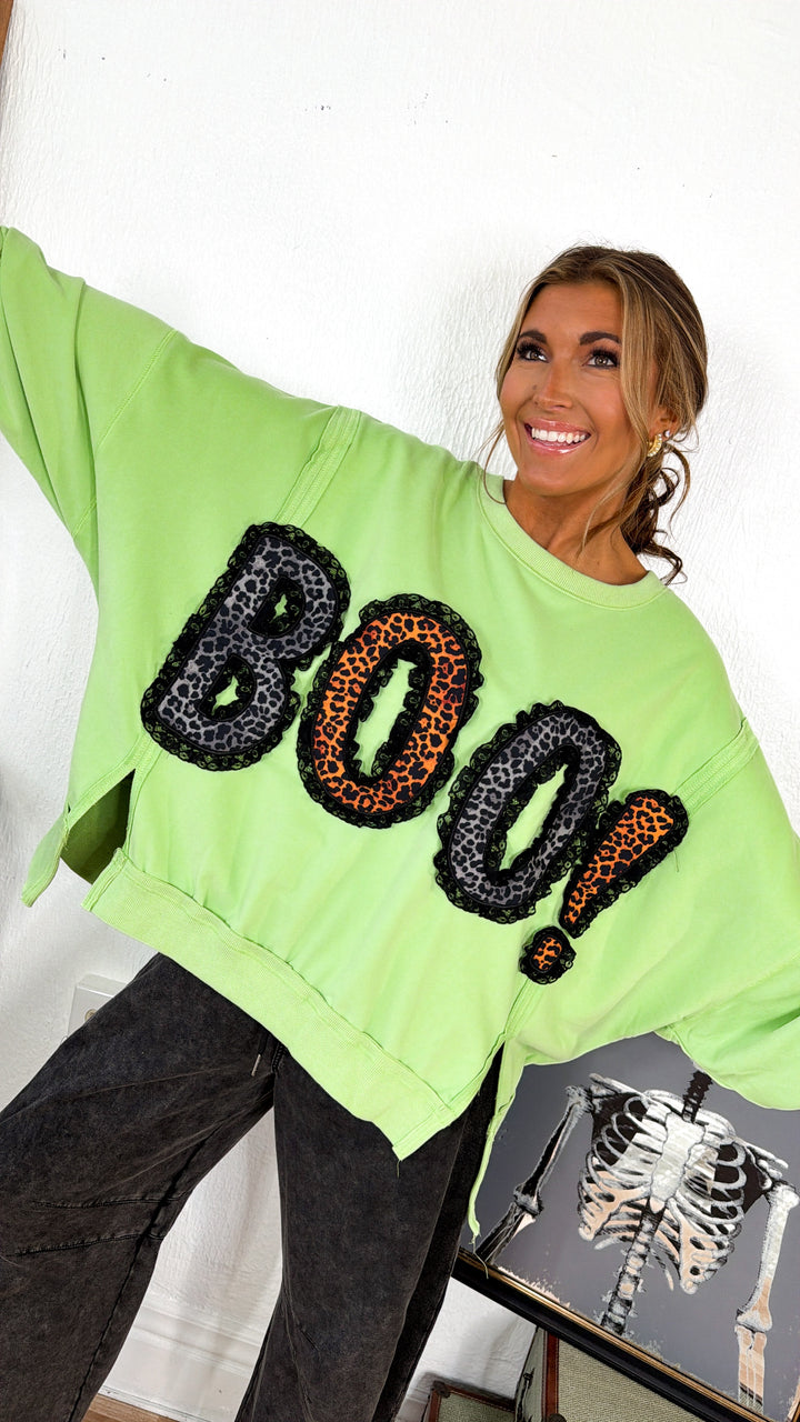 Leopard Boo & Lace Sweatshirt, Dk.Lime