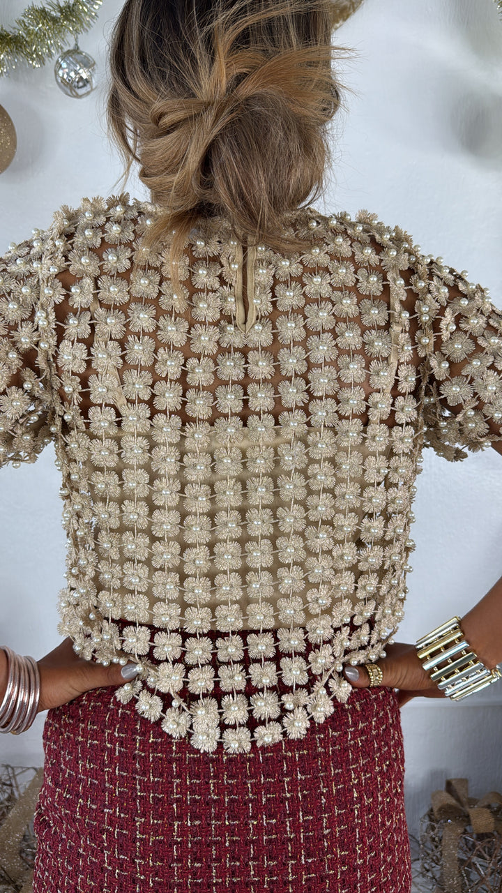 Here To Impress Lace Beaded Short Sleeve Top, Champagne