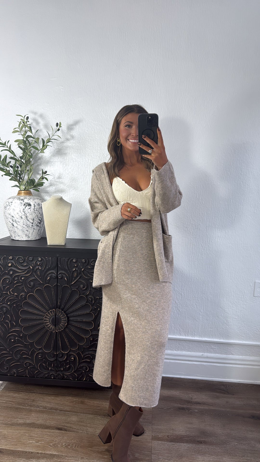 Coziest Side Slit Midi Skirt, Taupe
