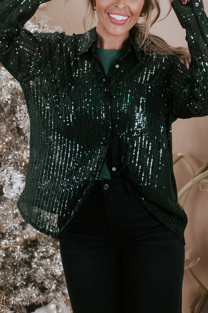 Give Me Sequin Button Up Blouse , Green