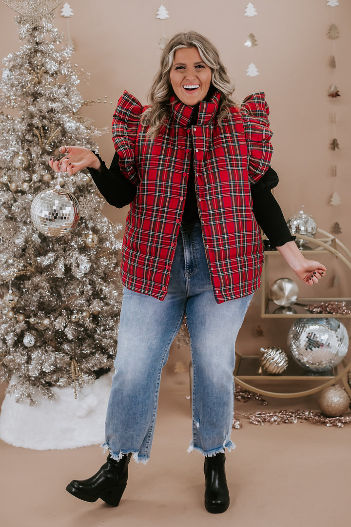 Falling For You Christmas Plaid Vest, Red