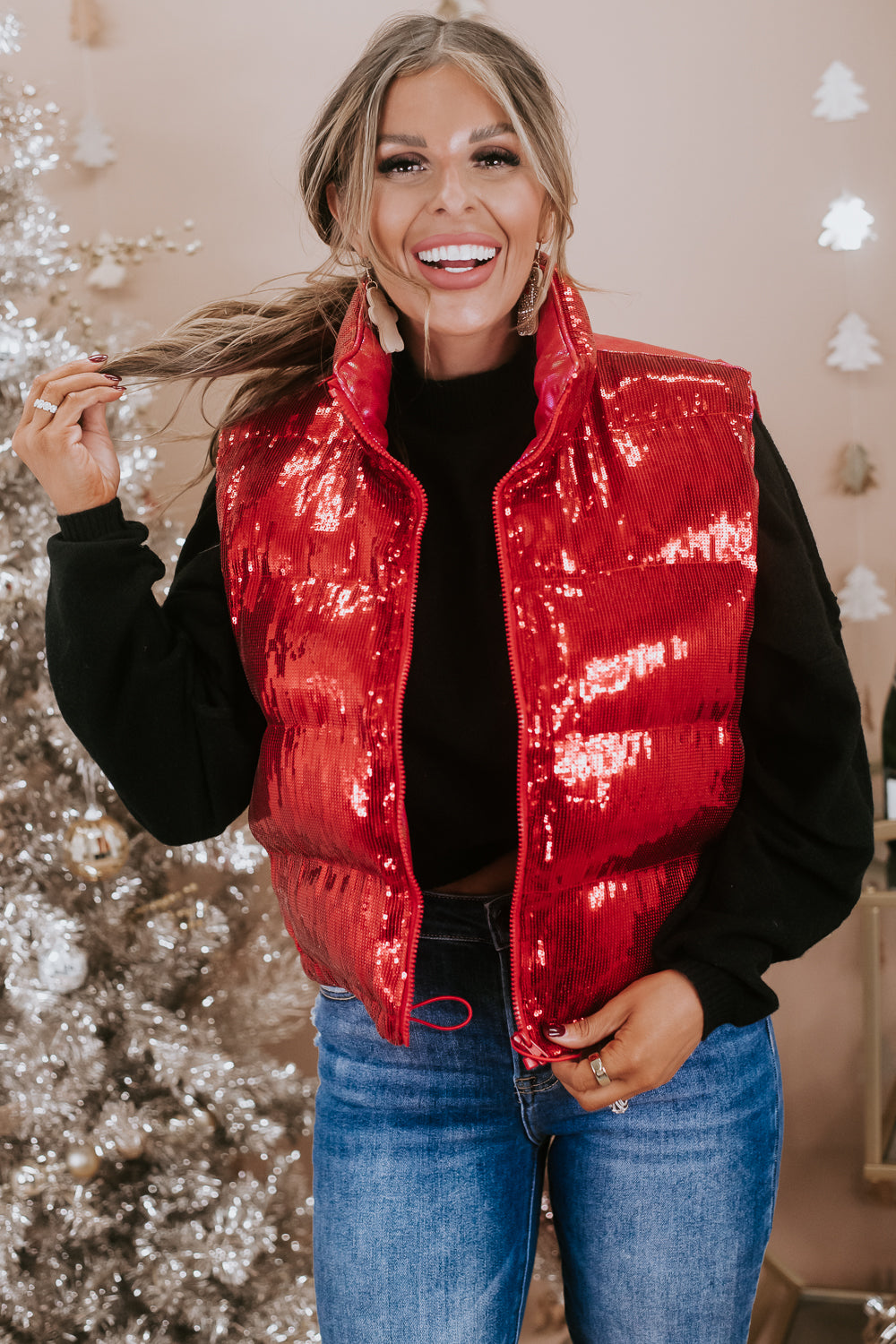 padded vest - Holiday vest - Red sequin - Christmas sequin vest
