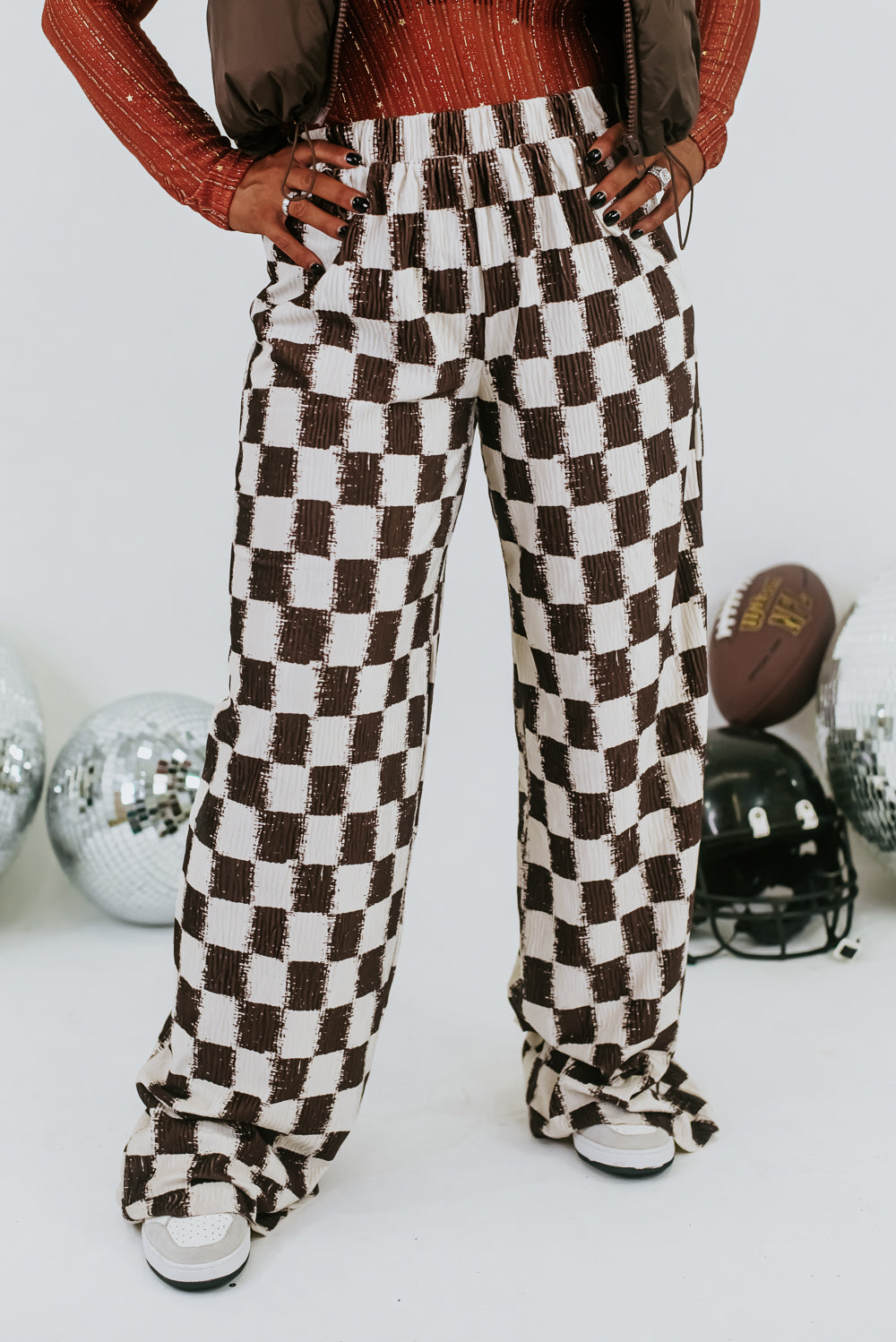 All Things Checkered Velvet  Pant , Brown