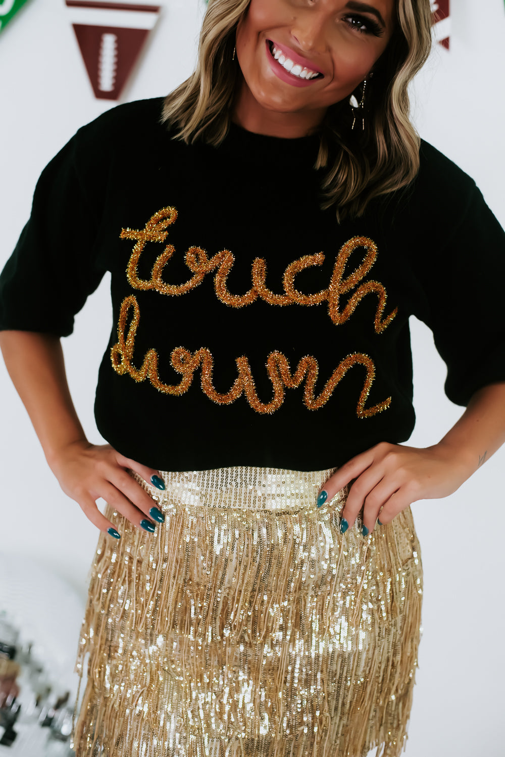 Touchdown Metallic Short Puff Sleeve Sweater, Black/Gold