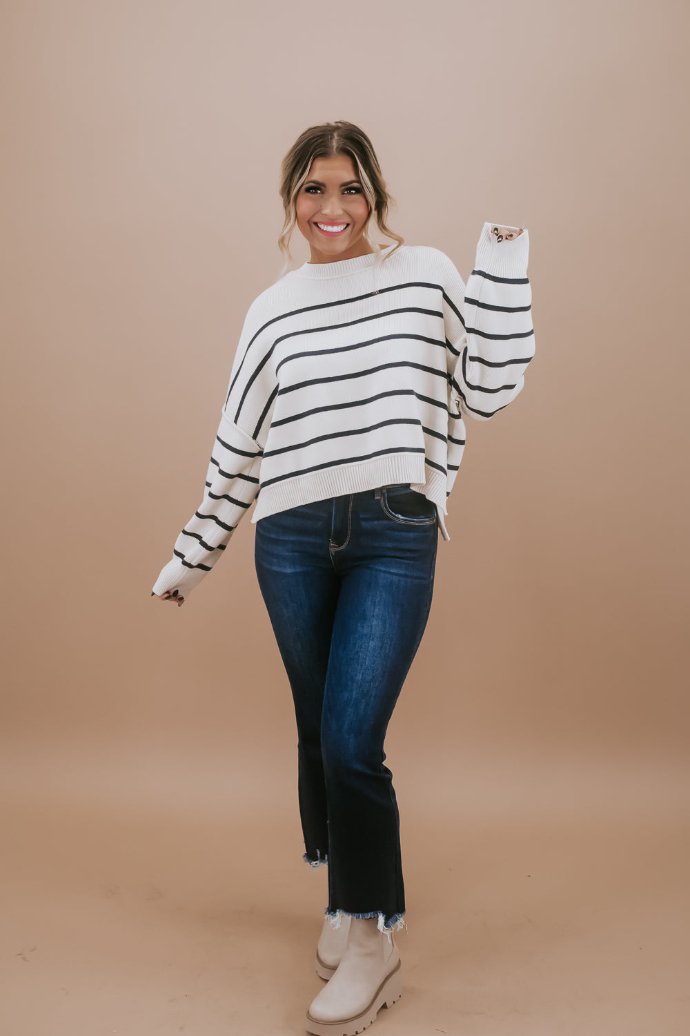 Relaxed Cropped Sweater, Cream/Navy