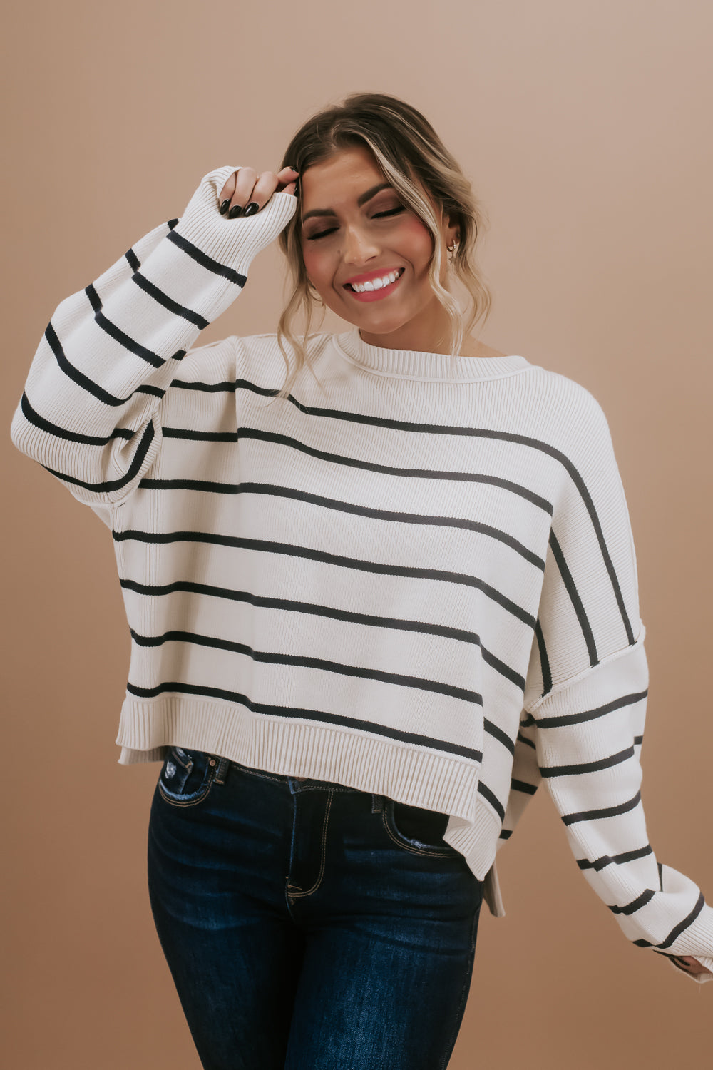 Relaxed Cropped Sweater, Cream/Navy
