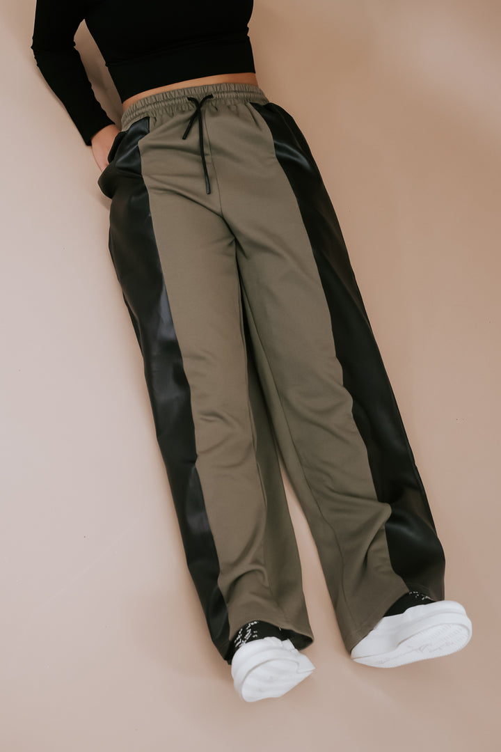 Edgiest Leather Split Sweatpants, Olive Combo