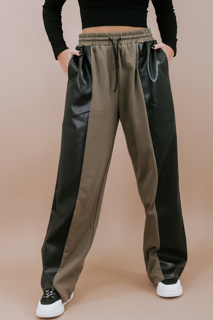Edgiest Leather Split Sweatpants, Olive Combo