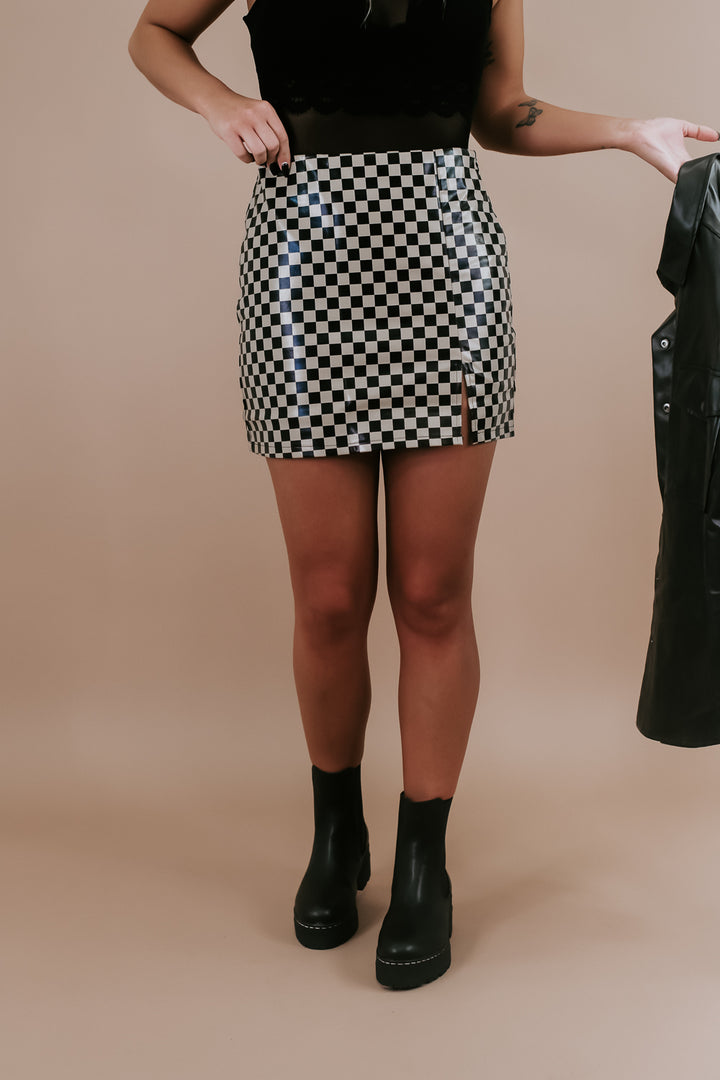 Check Faux Leather Mini Skirt, Black/Mocha