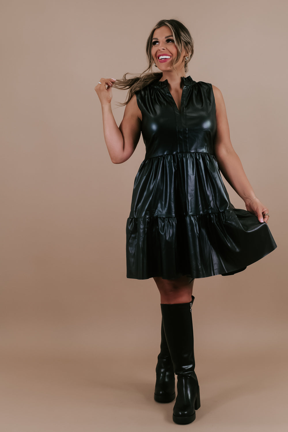 Faux Leather Tiered Mini Dress, Black