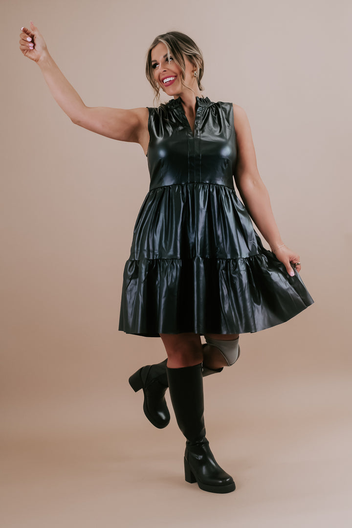 Faux Leather Tiered Mini Dress, Black