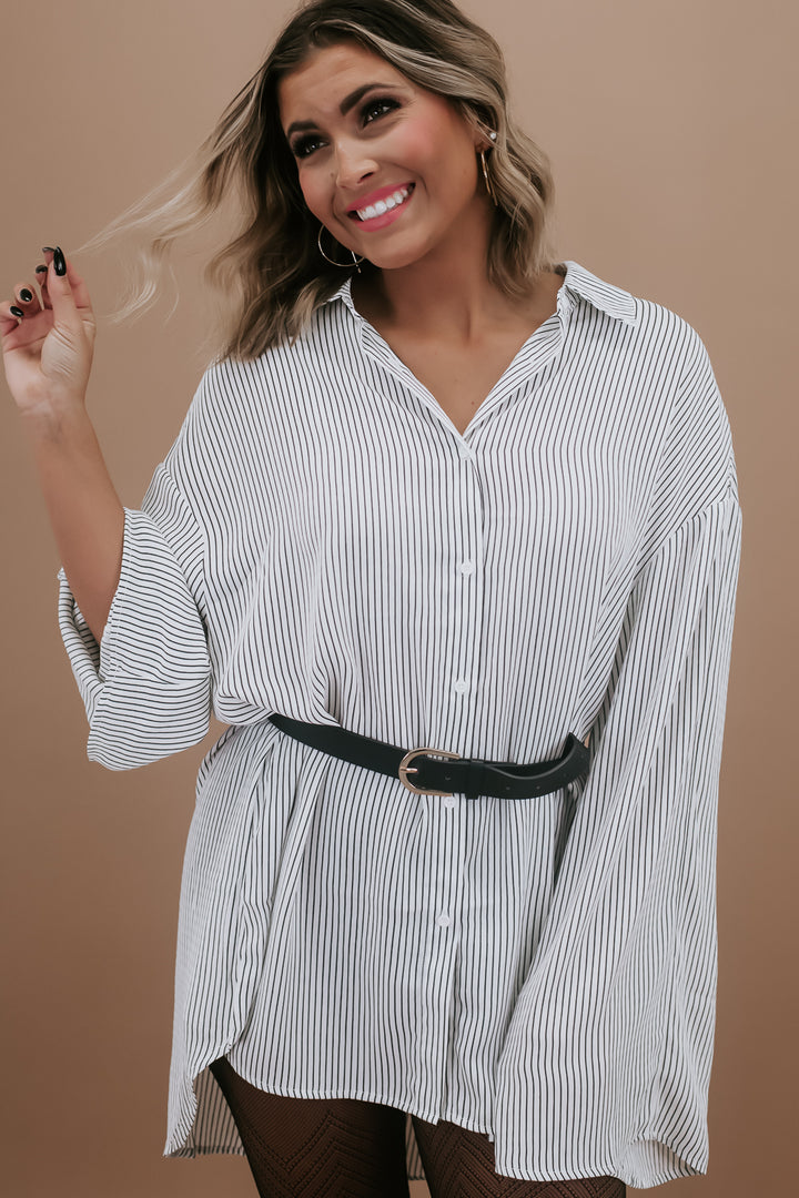 Simple Striped Bell Sleeve Top, White