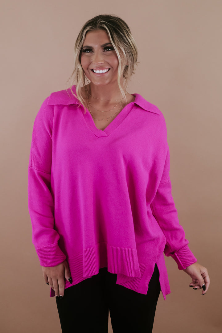 Talk Of The Town High Low Sweater , Hot Pink