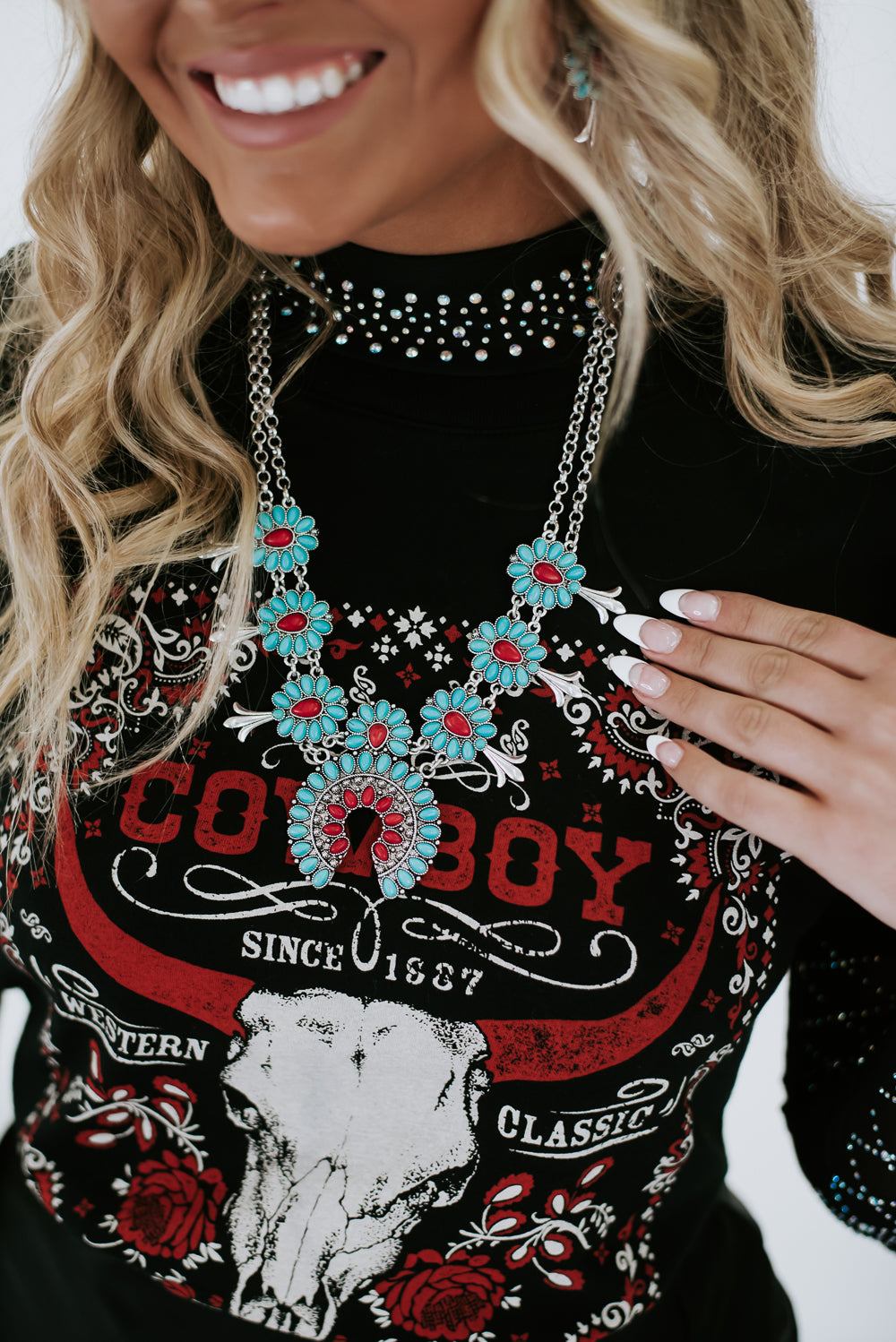 Way Out West Concho Necklace, Turquoise/Red