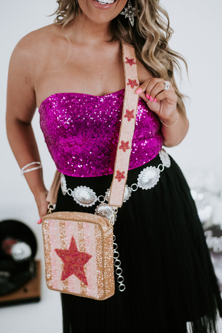 Striped Star Beaded Bag , Pink