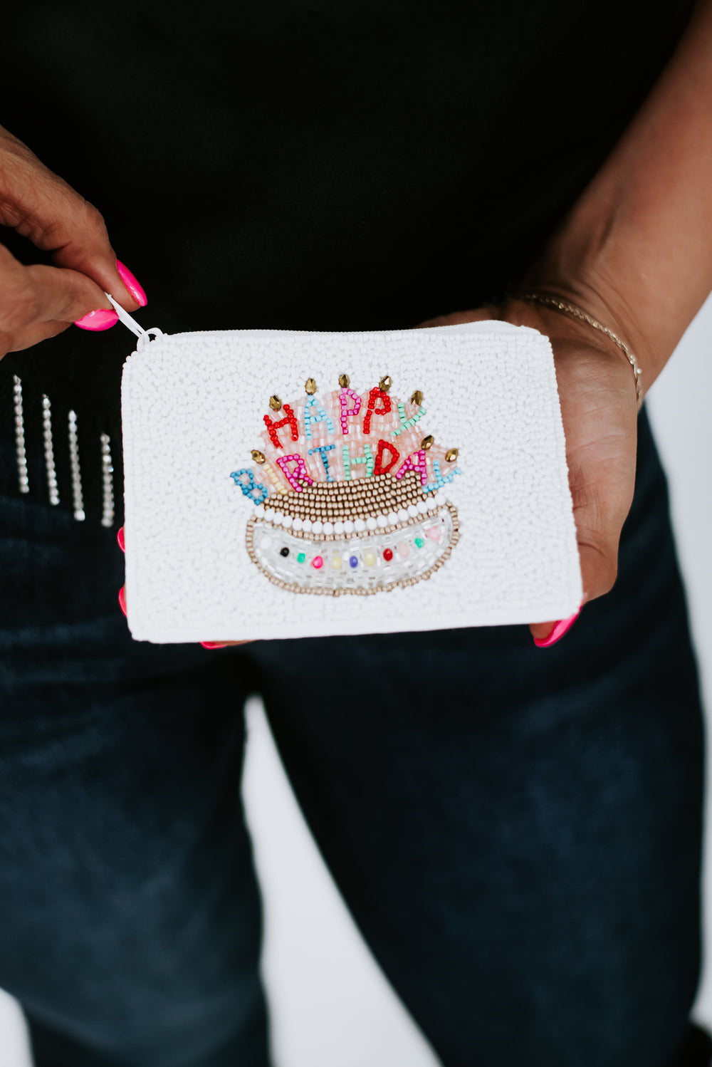 Happy Bday Beaded Coin Purse , White
