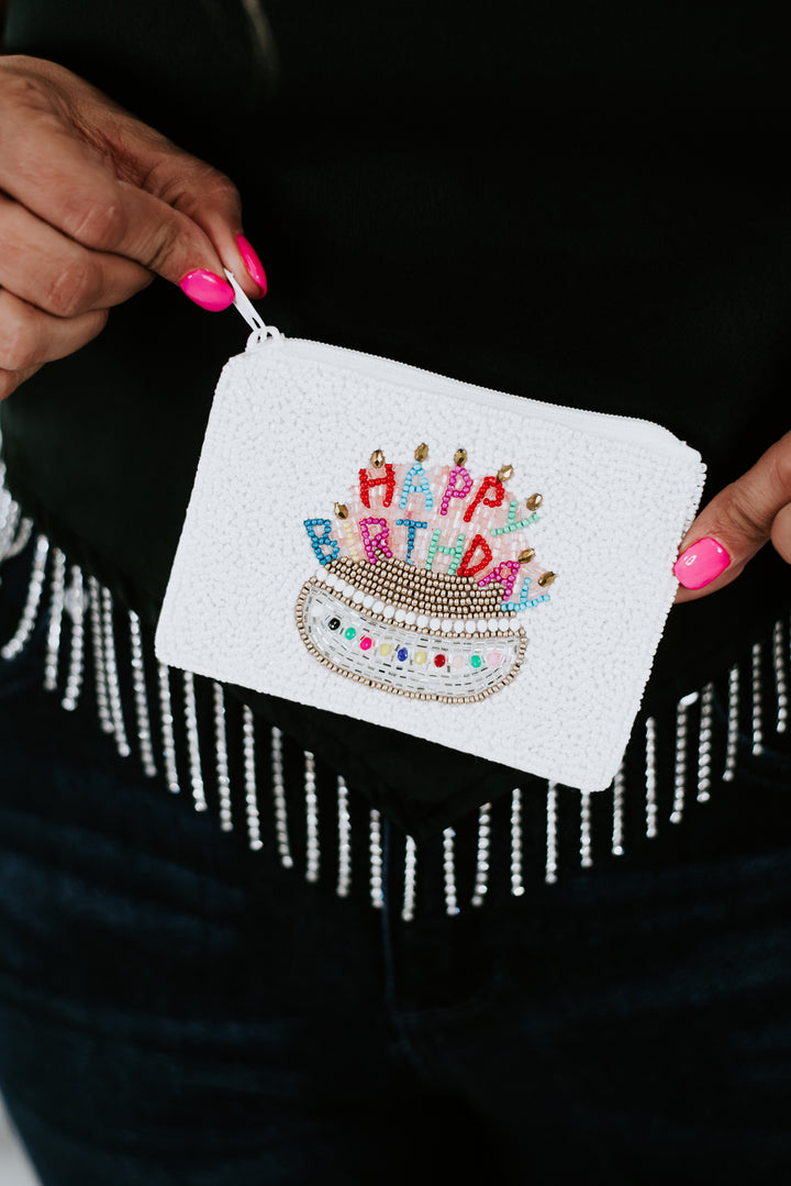 Happy Bday Beaded Coin Purse , White