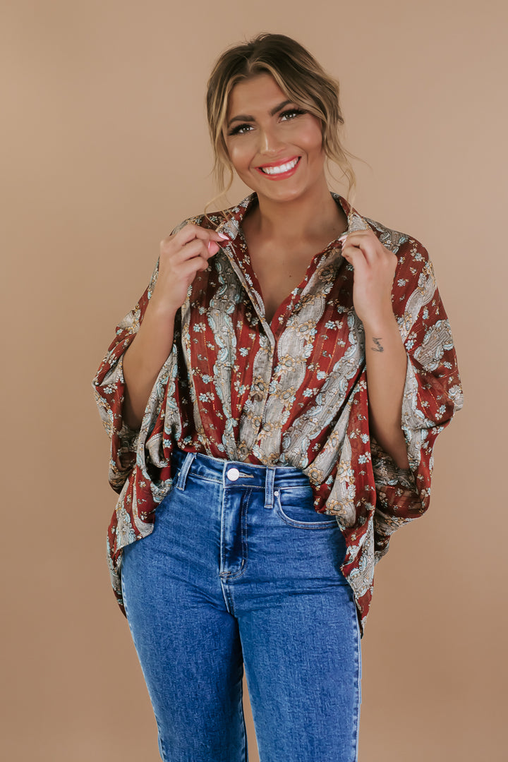 Sheer Floral Chiffon Top, Brown/Red