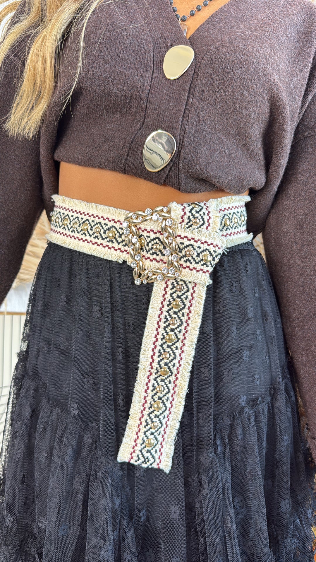 Coppertone Studded Belt, Ivory/Black