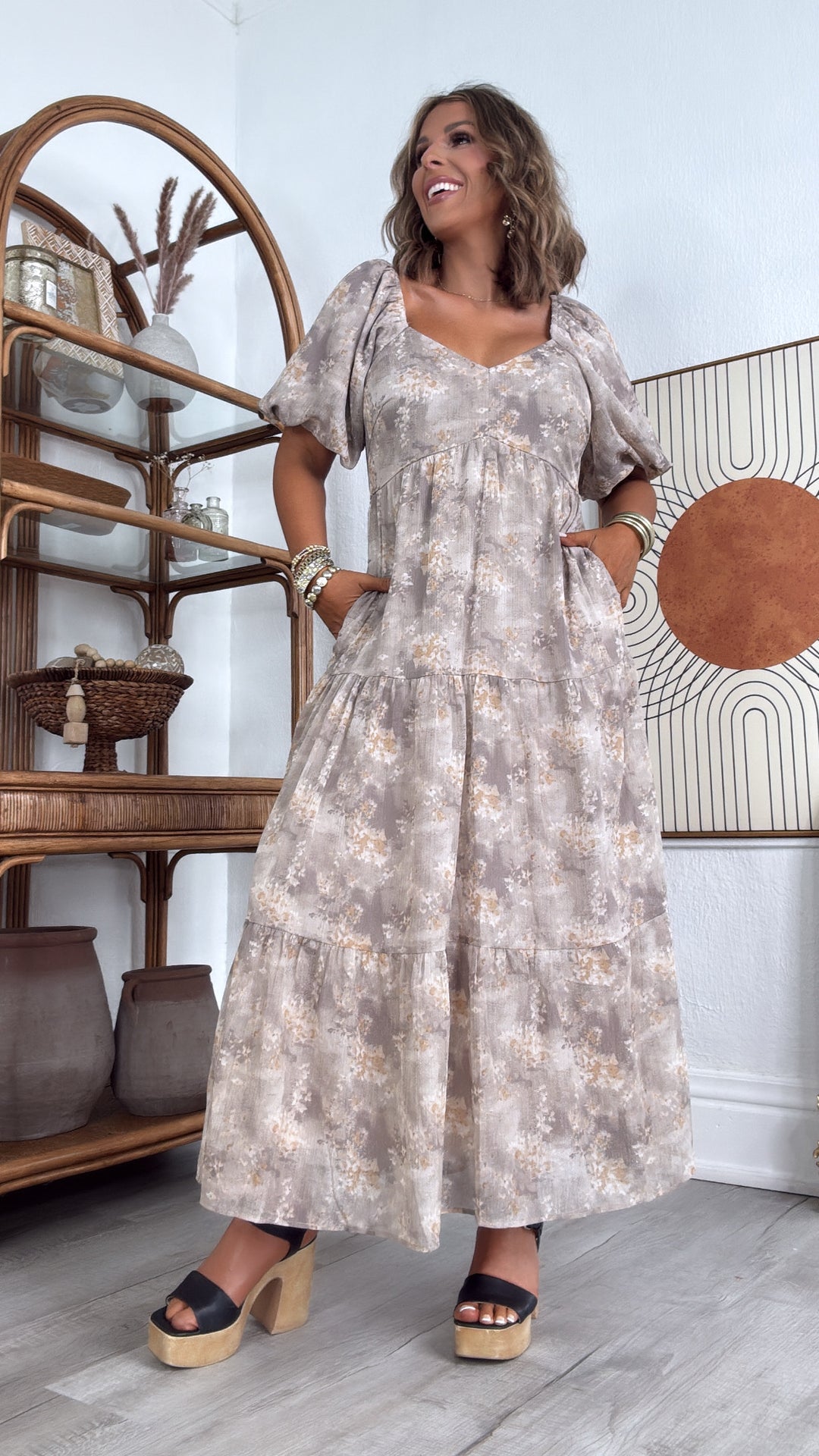 Granite Hues Whimsical Bubble Sleeve Maxi Dress, Taupe Everyday Chic Boutique Granite Hues Whimsical Bubble Sleeve Maxi Dress, Taupe Everyday Chic Boutique