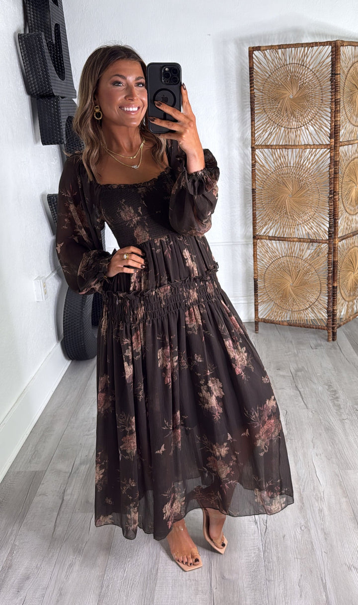 Dusty Bloom Midi Dress, Espresso