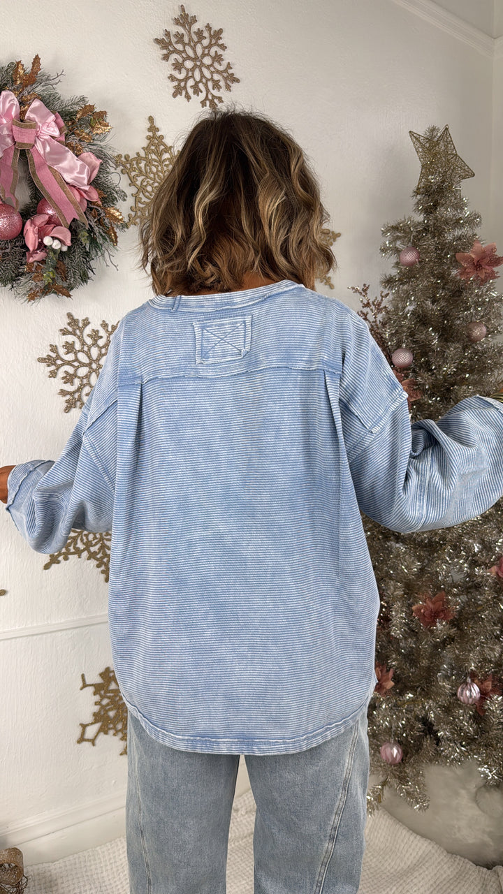 DOORBUSTER: Acid Washed Ribbed Cropped Pullover, Blue