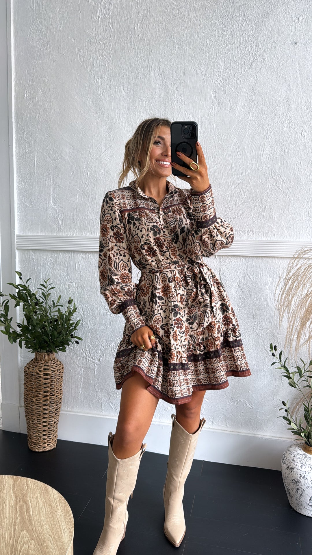 Bluewood Bloom Mini Dress, Cream/Brown