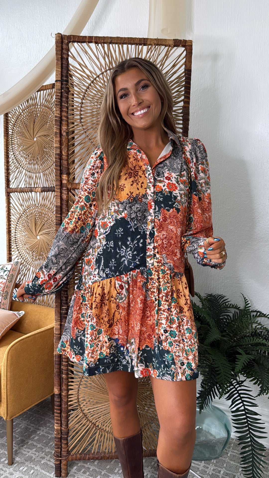 Nellie Patchwork Long Sleeve Mini Dress, Navy