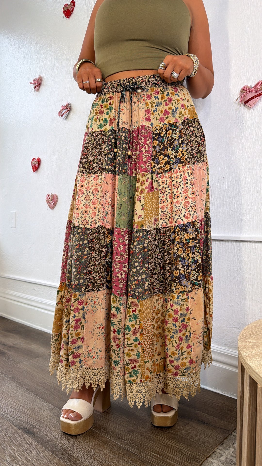 Cloverline Printed Tiered Midi Skirt, Latte