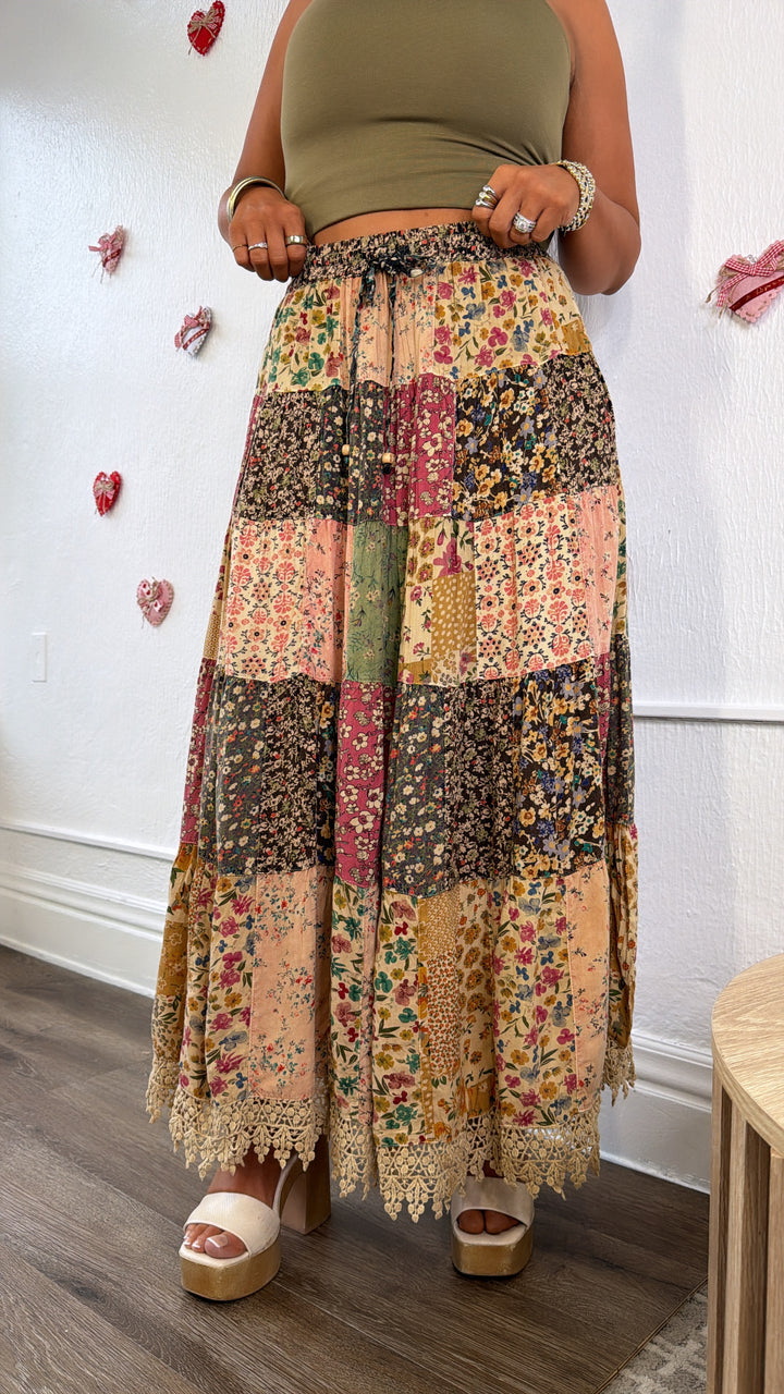 Cloverline Printed Tiered Midi Skirt, Latte